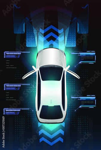 Automatic braking system. Assistance to the driver while driving. Vehicle movement with sensors that scan the distance between vehicles on the road. Future concept smart auto with HUD, GUI, hologram