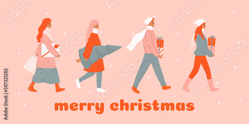 Christmas and Happy New Year market  people shopping  buying gifts. People in warm clothes walking and carrying present boxes. Cartoon winter poster  banner  greeting card set. Outdoor activities