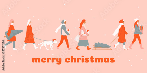 Christmas and Happy New Year market, people shopping, buying gifts. People in warm clothes walking and carrying present boxes. Cartoon winter poster, banner, greeting card set. Outdoor activities © Юлия Лазебная