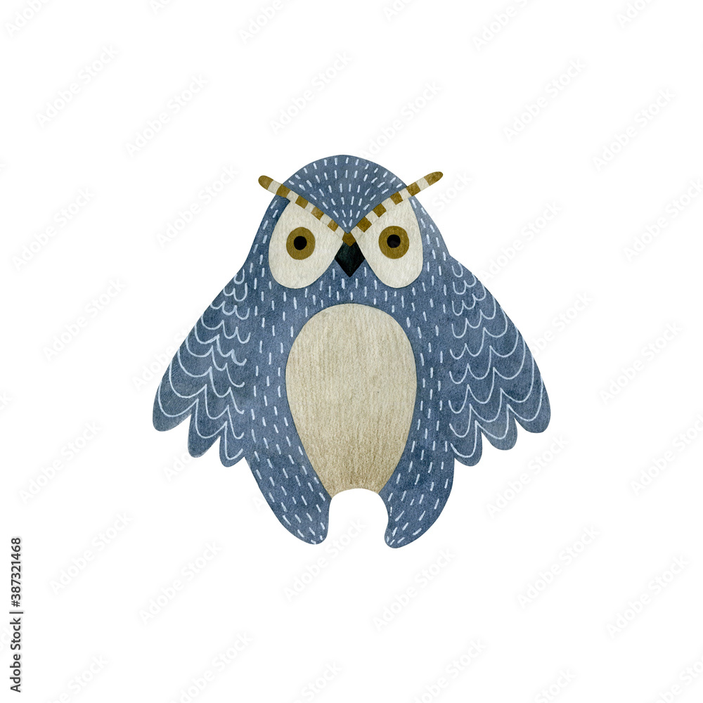 Naklejka premium Watercolor illustration of an owl isolated on white background.