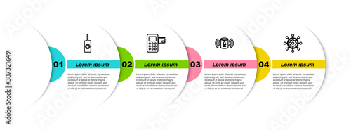 Set line Remote control, Pos terminal, Voice assistant and Project management. Business infographic template. Vector.