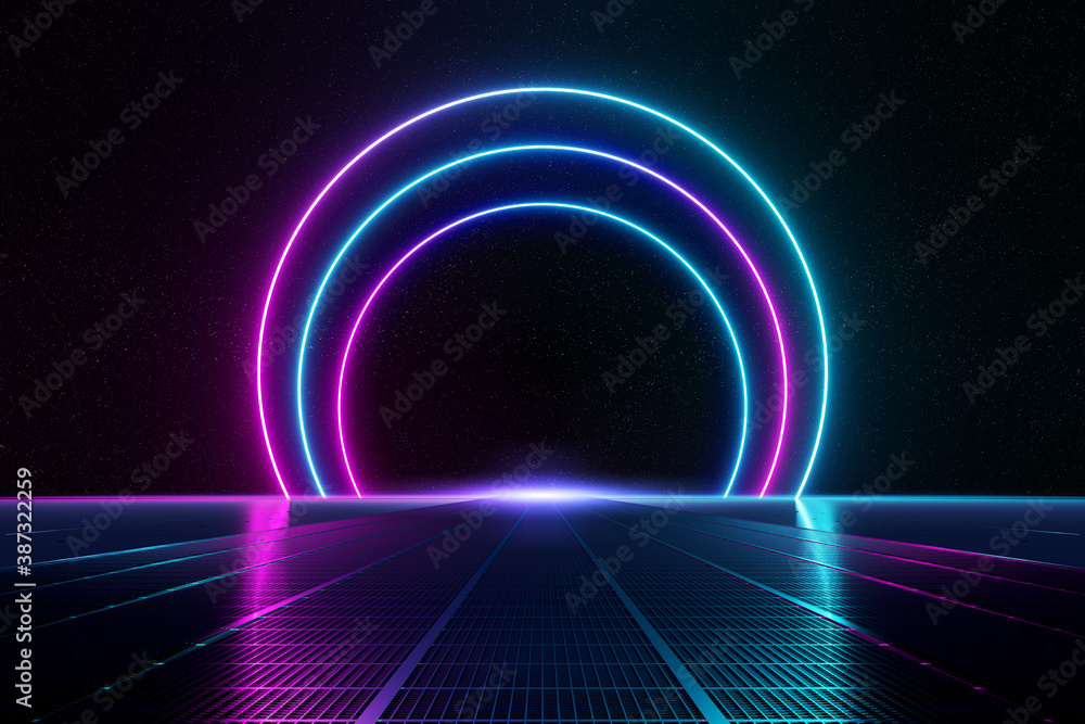 Fototapeta Abstract background pathway leading to blue and pink neon light circles reflecting on the floor 3D rendering