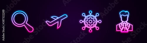 Set line Magnifying glass, Plane, Project management and Scientist and test tube. Glowing neon icon. Vector.