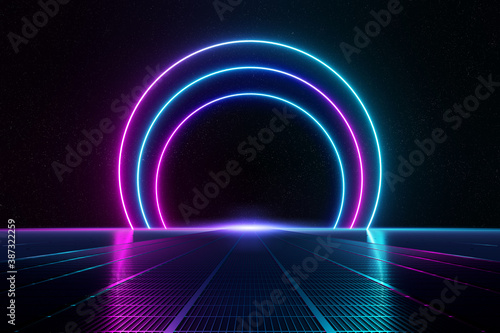 Fototapeta Naklejka Na Ścianę i Meble -  Abstract background pathway leading to blue and pink neon light circles reflecting on the floor 3D rendering
