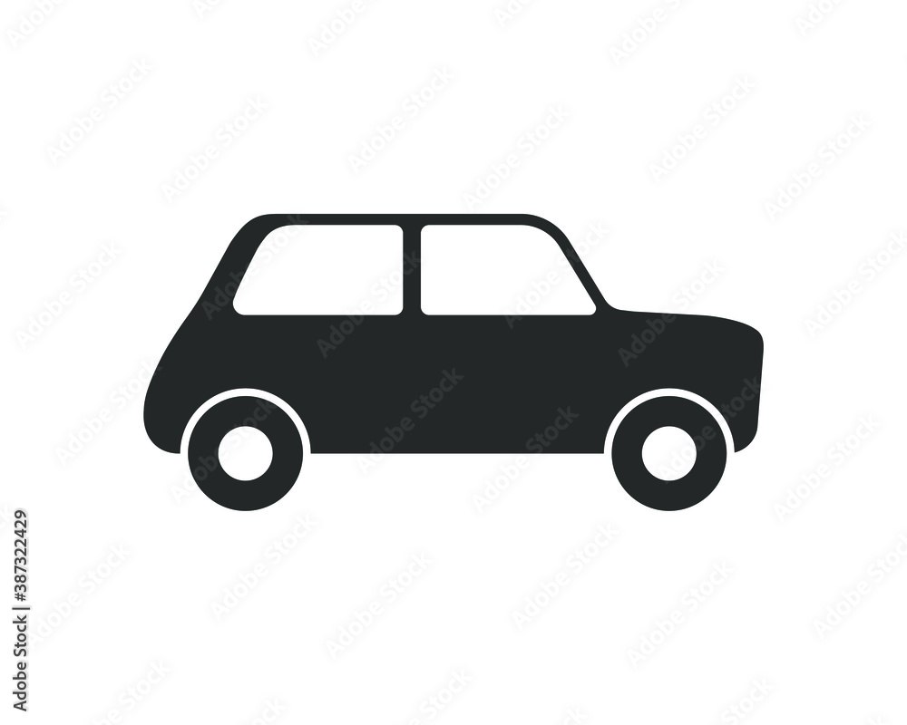 Car vector icon. Small or little mini size automobile. Comic transport logo. Cute cartoon style image. Funny vintage auto vehicle symbol sign. Black silhouette isolated on white background.