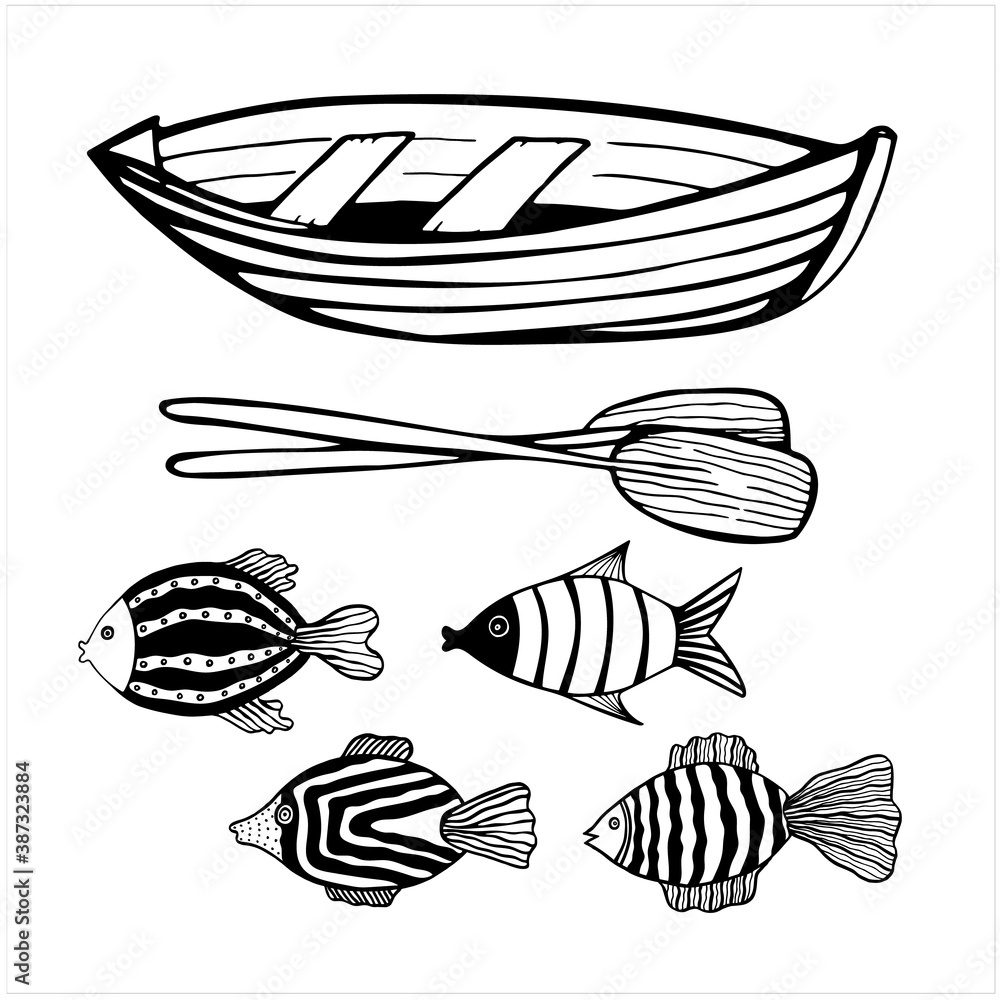 Set of hand drawn vector illustration in black and white. Clipart with