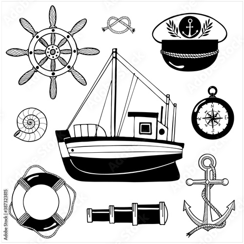 Set of hand drawn vector illustration in black and white. Clipart with fishing boat; helm wheel; Capitan hat; compass; life ring; anchor; shy glass; sea knot and shells
