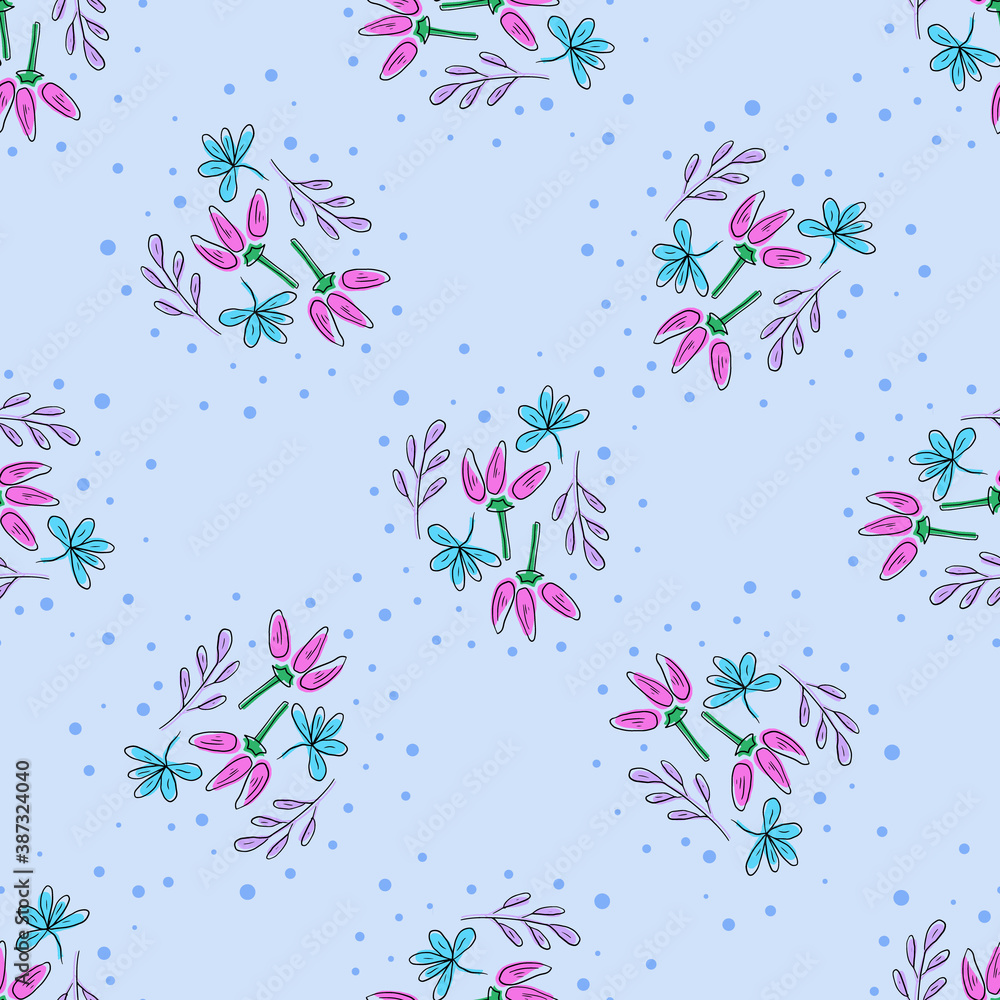 Vector seamless pattern with floral, repeating element. Pattern with a blueand pink flowers on a blue background. Use in textiles, clothing, wallpaper, design, baby backgrounds, wrapping paper.