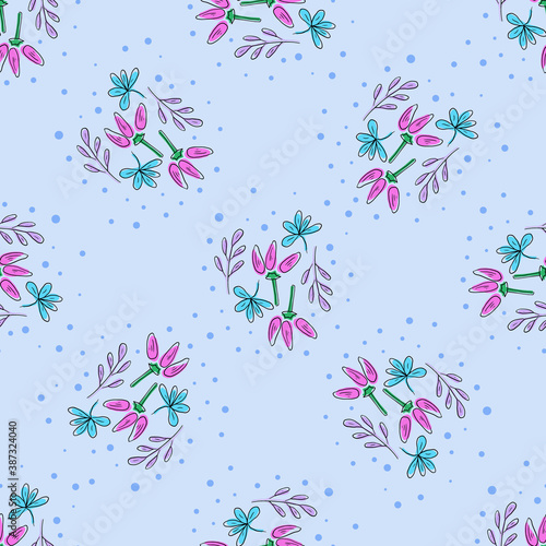 Vector seamless pattern with floral, repeating element. Pattern with a blueand pink flowers on a blue background. Use in textiles, clothing, wallpaper, design, baby backgrounds, wrapping paper.