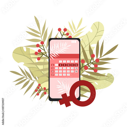 Menstrual Calendar On The Phone Screen On A Background Of Leaves And Flowers. Vector Stock Illusion.