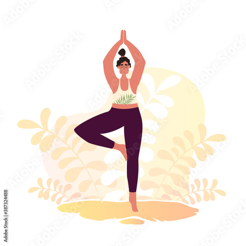 Yoga woman Anasas Vector on nature. Girl Goes In Sports On The Street In The Park. Vector stock illustration.
