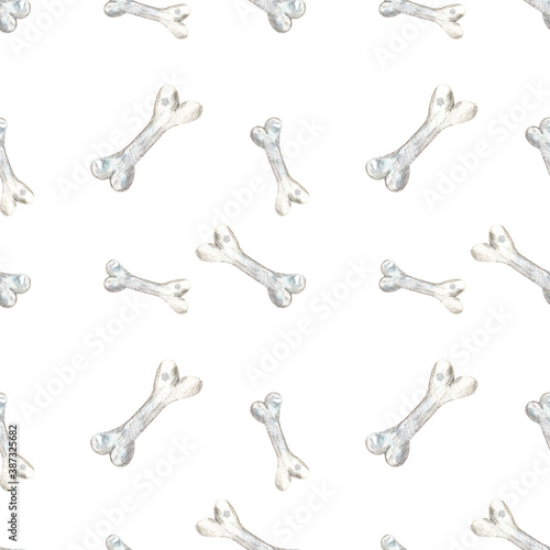 Watercolor seamless pattern with bones on white background.