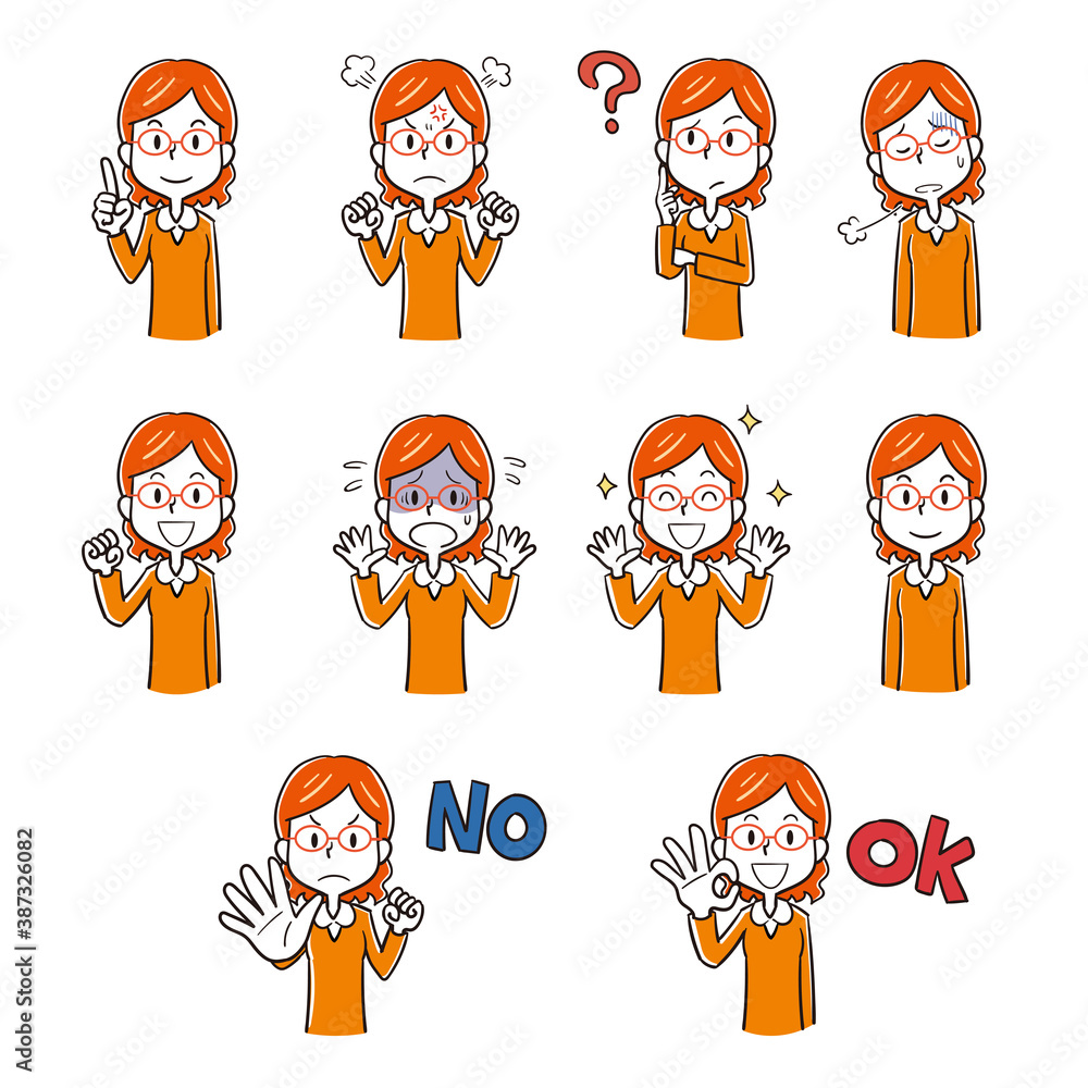 メガネをかけた女性のポーズ表情イラストセット Stock Vector Adobe Stock