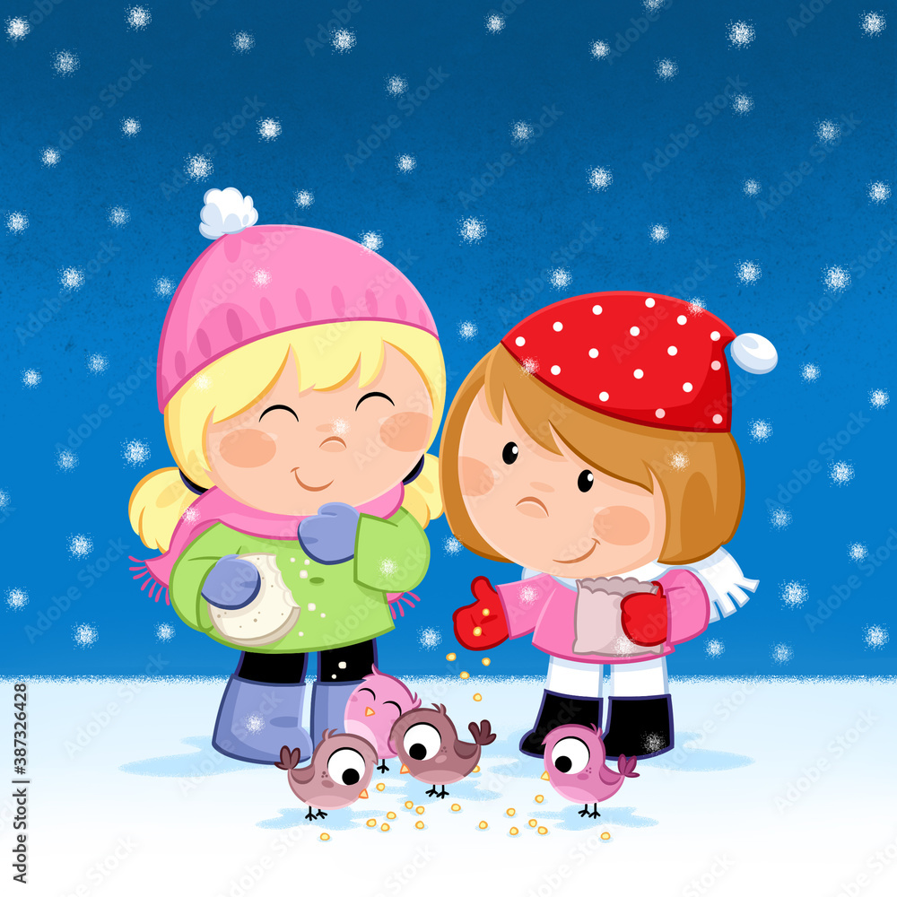 Christmas time - Happy Holidays - Cute little girls feeding birds. Christmas time - Happy Holidays - Cute little girls feeding birds.