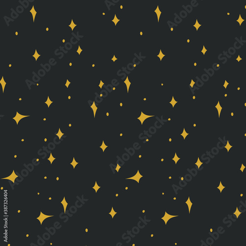 Pattern with doodle gold stars on the black background for web design, textile and wrapping. Vector hand drawn background