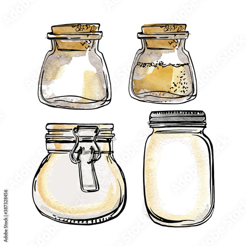 Glass jars with a lock. Vector sketch of food in ink on a white background.