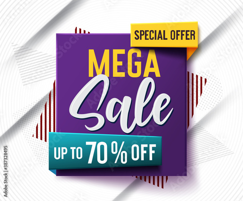 Mega sale vector banner concept design. Special offer mega sale text with 70% off discount in abstract background for market shopping, promotion and advertisement. Vector illustration.
