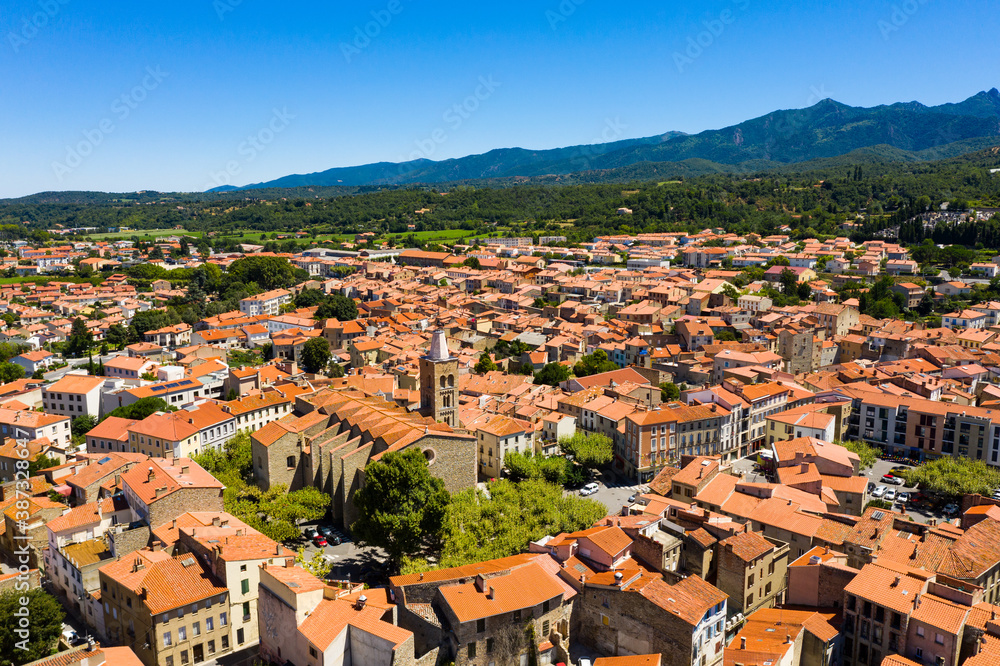 Panoramic aerial view of Prades cityscape with buildings and streets, Tarragona, Catalonia, Spain