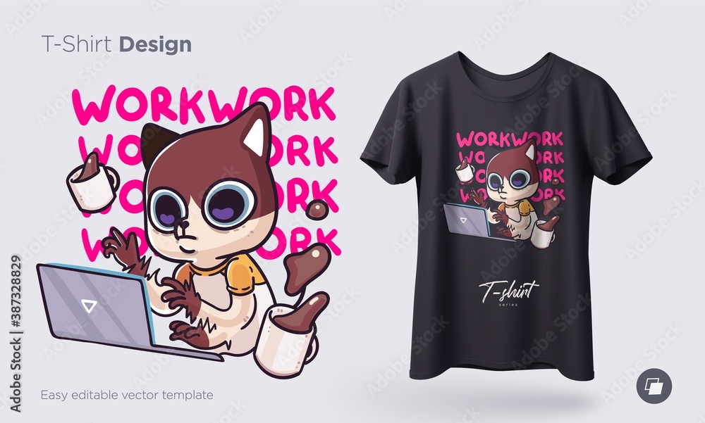 Illustration of a cat busy with daily household chores. Prints on T-shirts, sweatshirts, cases for mobile phones, souvenirs. Isolated vector illustration - obrazy, fototapety, plakaty 