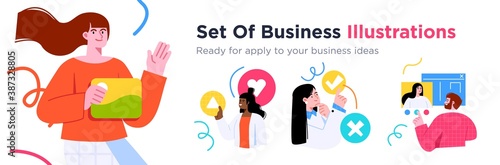 Business Concept illustrations. Collection of scenes with men and women taking part in business activities. Trendy vector style.
