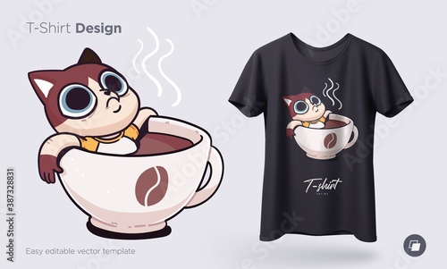 Illustration of a cat busy with daily household chores. Prints on T-shirts, sweatshirts, cases for mobile phones, souvenirs. Isolated vector illustration