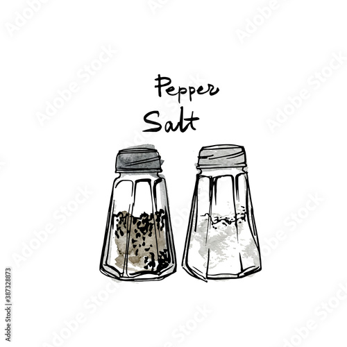 Glass jars salt and pepper. Vector sketch of food in ink on a white background.
