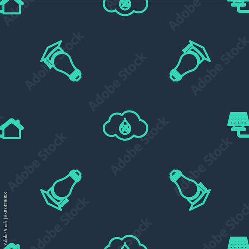 Set line Humidity, Light bulb and graduation cap and House with solar panel on seamless pattern. Vector.