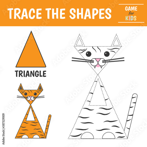 Learn geometric shapes  - triangle. Preschool worksheet for practicing motor skills. Tiger of geometric shapes. Tracing dashed lines. Vector illustration
