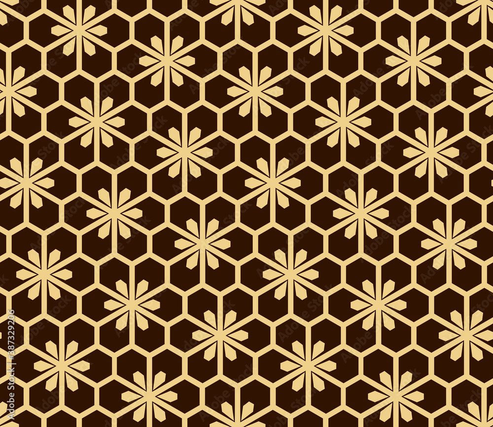 Flower geometric pattern. Seamless vector background. Gold and dark brown ornament