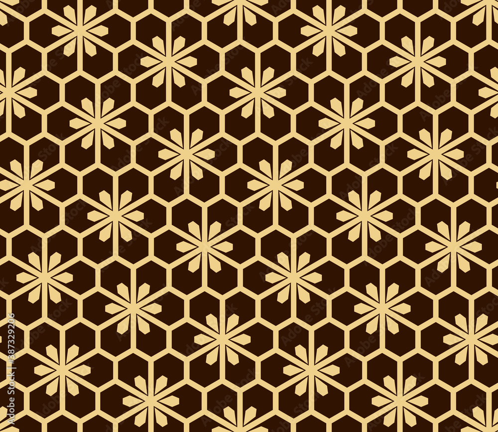 Flower geometric pattern. Seamless vector background. Gold and dark brown ornament Flower geometric pattern. Seamless vector background. Gold and dark brown ornament