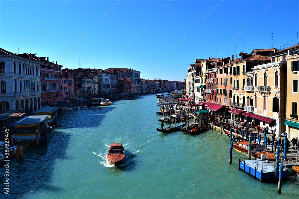 Venedig (Venice) City views during sunny day. Magnificent city of gondolas, ancient houses, old bridges, green water and channels, birds, seagulls. All these are in Venice, Italy.