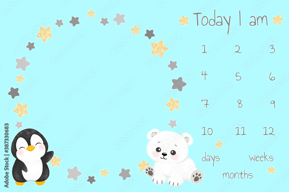 design for baby blanket milestone, stars and cute little animals, baby animals, bear, penguin design for baby blanket milestone, stars and cute little animals, baby animals, bear, penguin