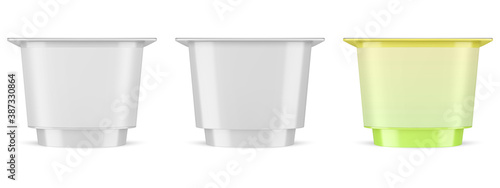 Vector realistic plastic packaging mockup, pot for yogurt, ice cream (or other food) with a paper label. EPS 10.