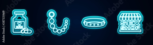 Set line Bottle with pills for potency, Anal beads, Leather fetish collar and Sex shop building. Glowing neon icon. Vector.