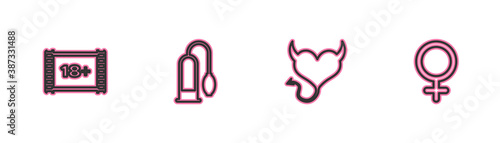 Set line Play Video with 18 plus, Devil heart horns, Penis pump and Female gender symbol icon. Vector.