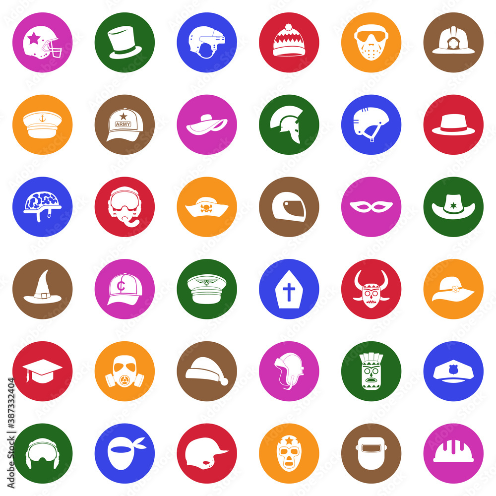 Hats And Masks Icons . White Flat Design In Circle. Vector Illustration. Hats And Masks Icons . White Flat Design In Circle. Vector Illustration.