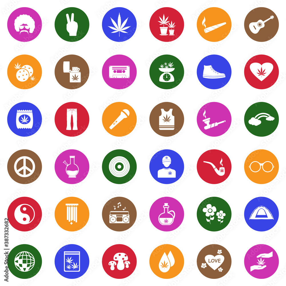 Hippie Icons. White Flat Design In Circle. Vector Illustration. Hippie Icons. White Flat Design In Circle. Vector Illustration.