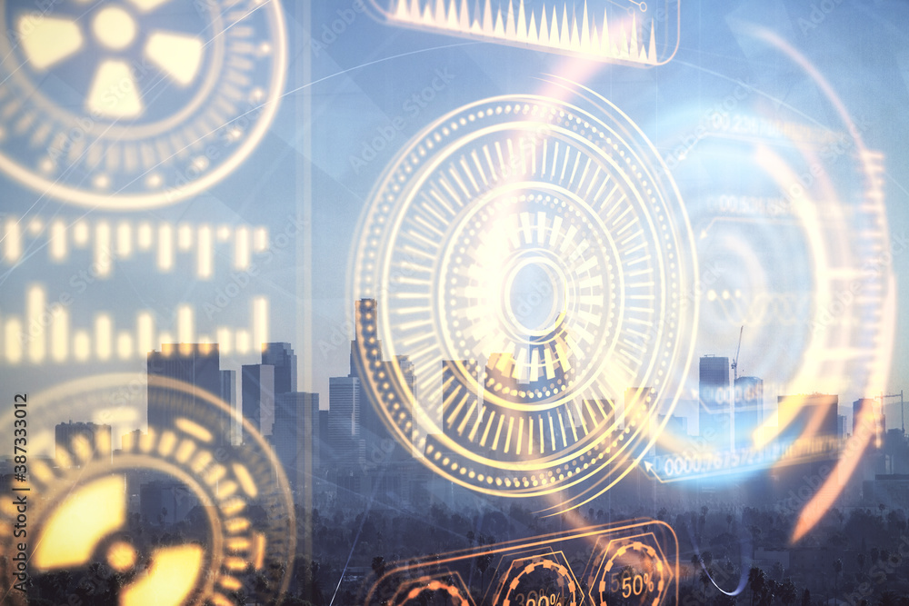 Double exposure of technology theme hologram and cityscape background. Concept of Hightech.