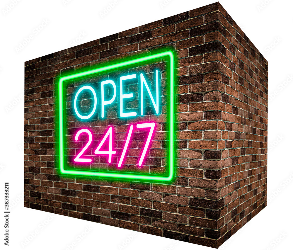 perspective isolated brick wall with Neon banner OPEN 24/7, advertising merchant , store or product, shining light sign collection. perspective isolated brick wall with Neon banner OPEN 24/7, advertising merchant , store or product, shining light sign collection.