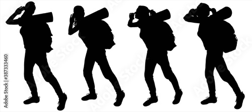 Woman tourist in a pose: stuck out his ear and listens, shouts, calls for help, listens to the echo. Girl with a backpack behind back and a tourist rug. Female silhouettes isolated on white background