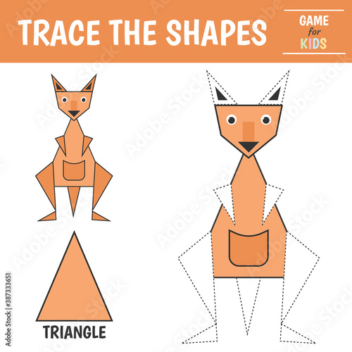 Learn shapes and geometric figures - triangle. Preschool worksheet for practicing motor skills. kangaroo of geometric shapes. Tracing dashed lines. Vector illustration