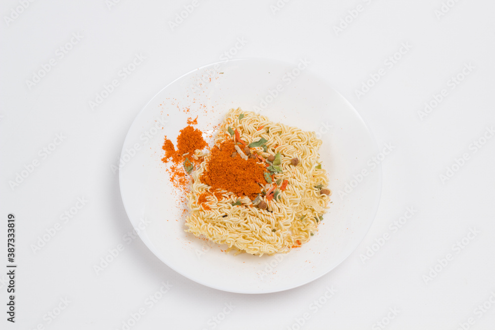 Chinese noodles on white plate on white background Chinese noodles on white plate on white background