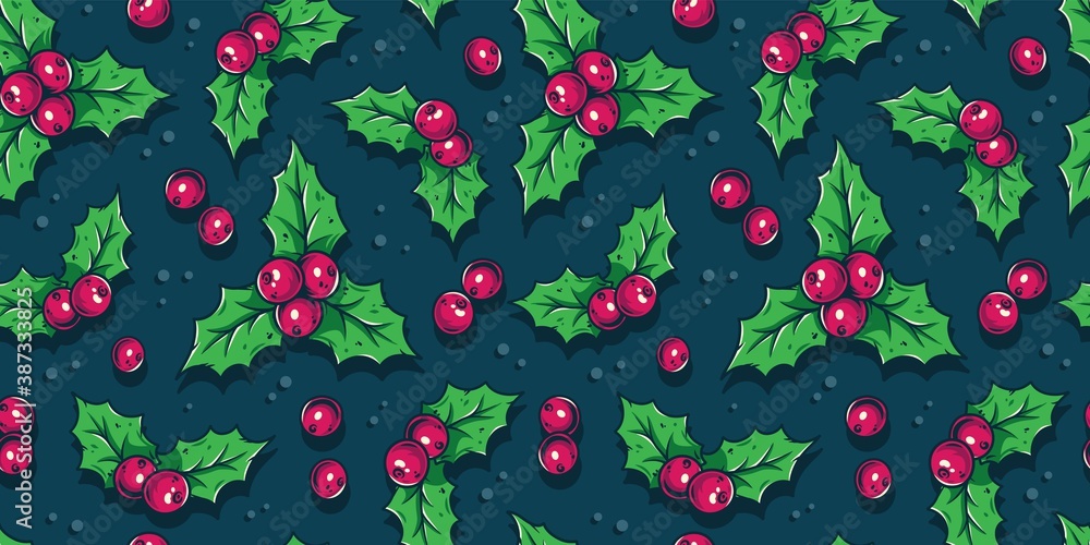 Colored seamless pattern wallpaper with decorative christmas holly for the new year holiday. Winter vector illustration for december party design