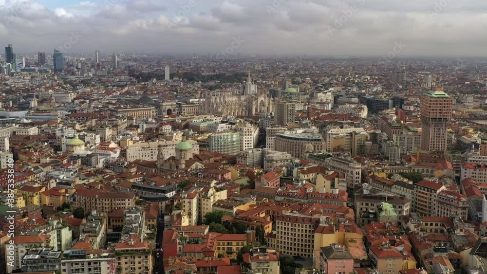Milan, Italy: Aerial view of historic city center - landscape panorama of Europe from above Milan, Italy: Aerial view of historic city center - landscape panorama of Europe from above