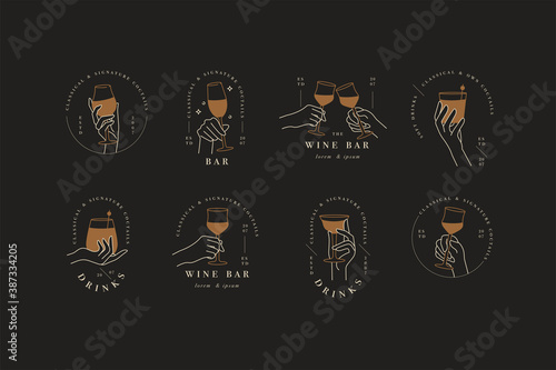 Vector design linear template logos or emblems - hands in in different gestures glass of drink. Abstract symbol for cafe or bar.