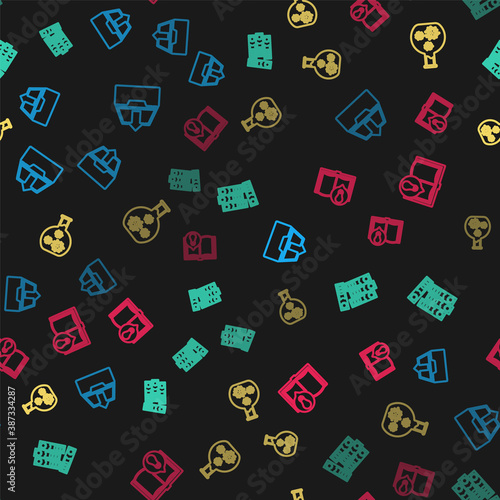 Set line Upload inbox, Office folders, Test tube with virus and Interesting facts on seamless pattern. Vector.