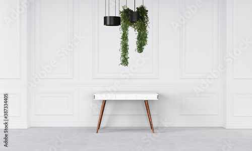 Modern workspace with desk and lamp in minimalistic interior