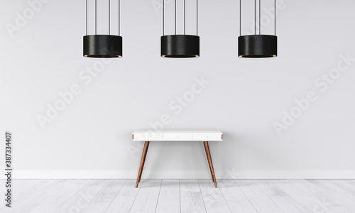Modern workspace with desk and lamp in minimalistic interior