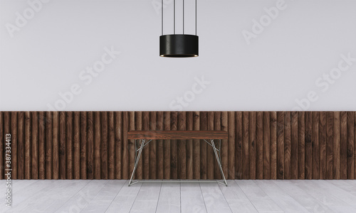 Modern workspace with desk and lamp in minimalistic interior