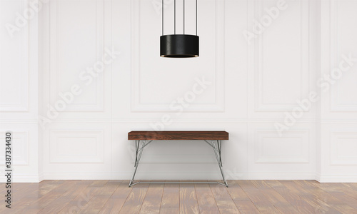 Modern workspace with desk and lamp in minimalistic interior